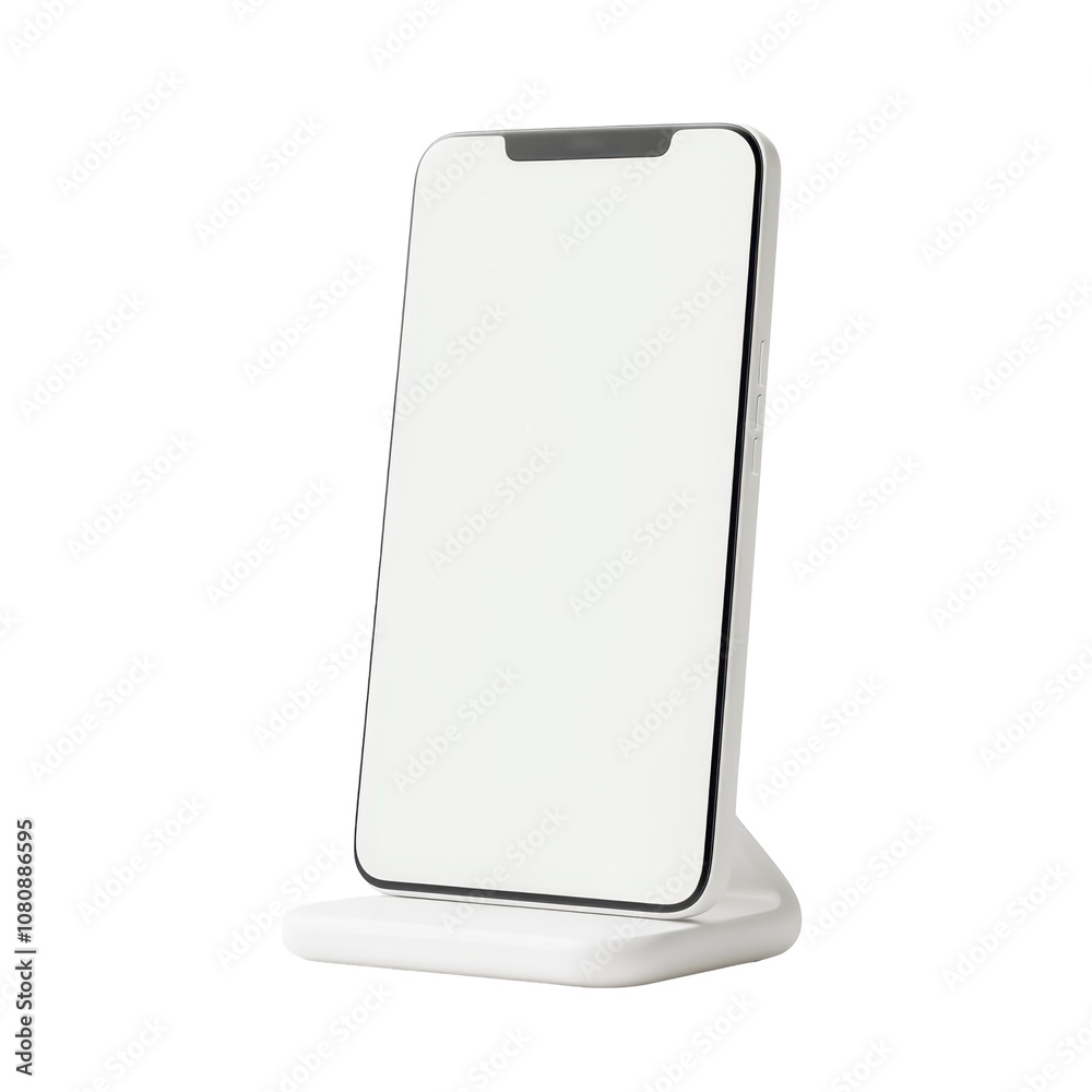A sleek, modern smartphone on a minimalist charging dock, showcasing a blank screen, ideal for displaying notifications or personal content. A sleek, modern smartphone on a minimalist charging dock, showcasing a blank screen, ideal for displaying notifications or personal content.