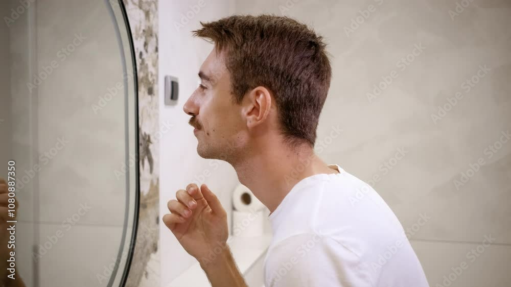 Young man with mustache checking out his skin in the bathroom mirror. Young man with mustache checking out his skin in the bathroom mirror.