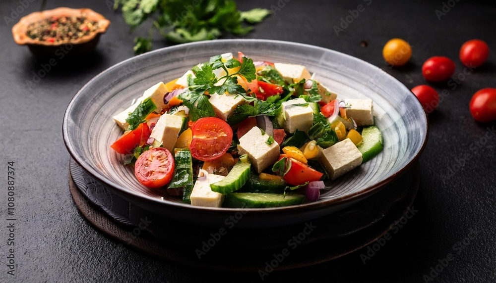 kachumber salad indian salad with vegetables cucumber tomato onion and tofu cheese on a black table paneer vegetable salad recipe low carb diet food cheese cubes with green veggies kachumber salad indian salad with vegetables cucumber tomato onion and tofu cheese on a black table paneer vegetable salad recipe low carb diet food cheese cubes with green veggies