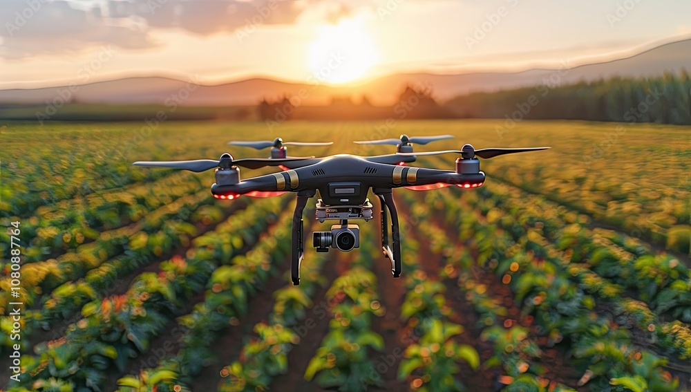 Three drones flying over a field of crops A black and grey drone hovers over a green crop field with red dirt. The aerial photo captures the drone in an agricultural area under a sunny sky. Three drones flying over a field of crops A black and grey drone hovers over a green crop field with red dirt. The aerial photo captures the drone in an agricultural area under a sunny sky.