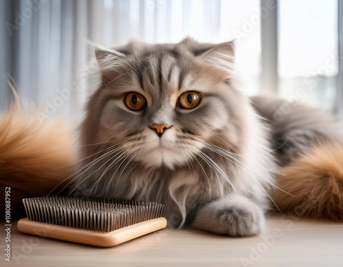 maintaining pet hygiene a clump of cat hair and a comb symbolize the care and grooming involved in keeping your scottish fold cat s long fur clean and tangle free photo