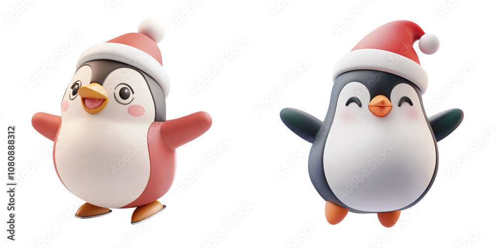 Fototapeta premium Christmas decoration concept. Cute penguins wearing Santa hats, joyful and festive characters