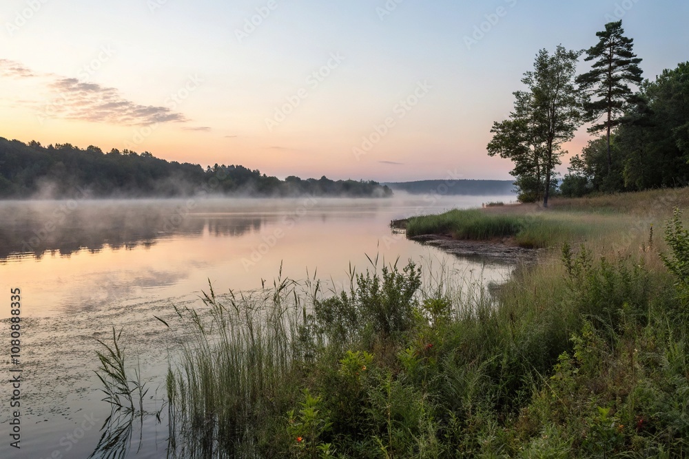 A quiet dawn unfolds on the shore where morning fog clings to the rippled waters' edge, natural scenery, wave patterns, gentle movement, misty dawn, peaceful scene A quiet dawn unfolds on the shore where morning fog clings to the rippled waters' edge, natural scenery, wave patterns, gentle movement, misty dawn, peaceful scene