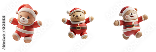 Christmas decoration concept. Cute plush teddy bears in Santa outfits, perfect for holiday cheer!