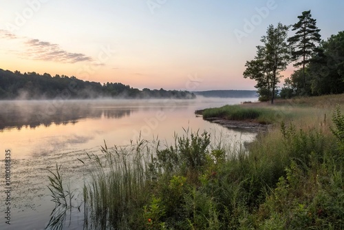 A quiet dawn unfolds on the shore where morning fog clings to the rippled waters' edge, natural scenery, wave patterns, gentle movement, misty dawn, peaceful scene