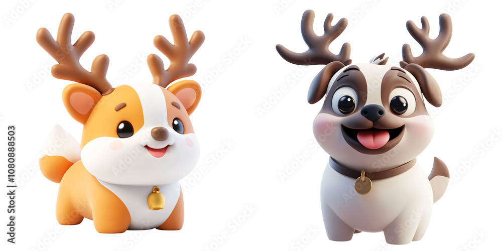 Christmas decoration concept. Cute puppy characters with reindeer antlers, playful and joyful expressions Christmas decoration concept. Cute puppy characters with reindeer antlers, playful and joyful expressions