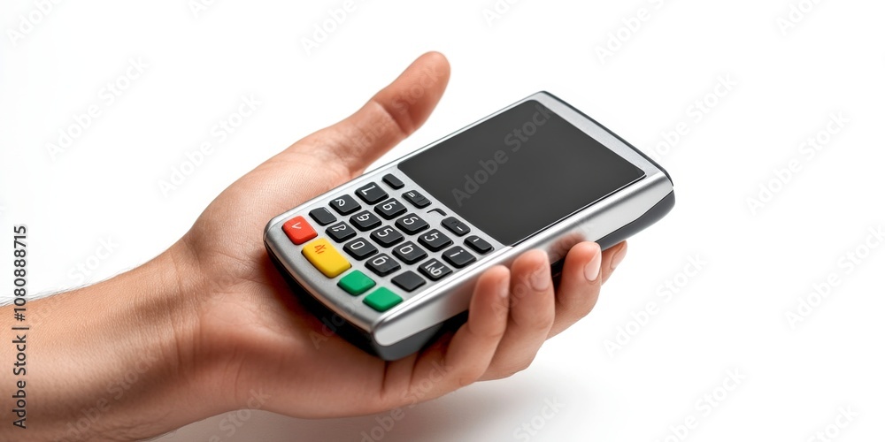 A hand holding a modern payment terminal with buttons and a screen. This image showcases technology for payment transactions. Ideal for business or finance purposes. AI A hand holding a modern payment terminal with buttons and a screen. This image showcases technology for payment transactions. Ideal for business or finance purposes. AI