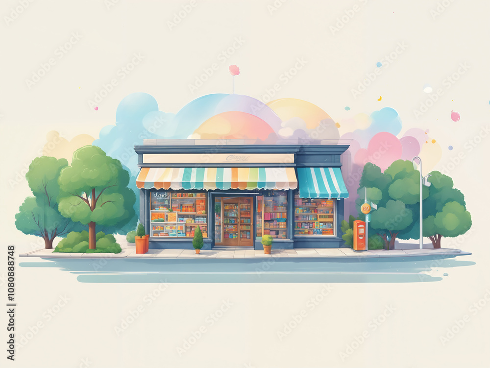 Fototapeta premium Generated cartoon shops and stores lined up, isolated background.