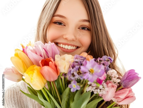 Young woman with long hair joyfully holding a vibrant bouquet of colorful flowers against a bright background, embodying beauty and happiness in springtime.