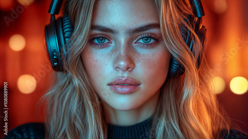 The image features a young woman with blonde hair, wearing a black shirt and headphones. photo