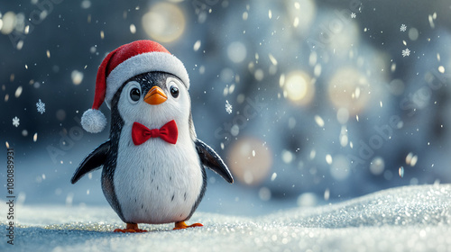 The image features a charming penguin in a Santa hat, standing on a snowy surface photo