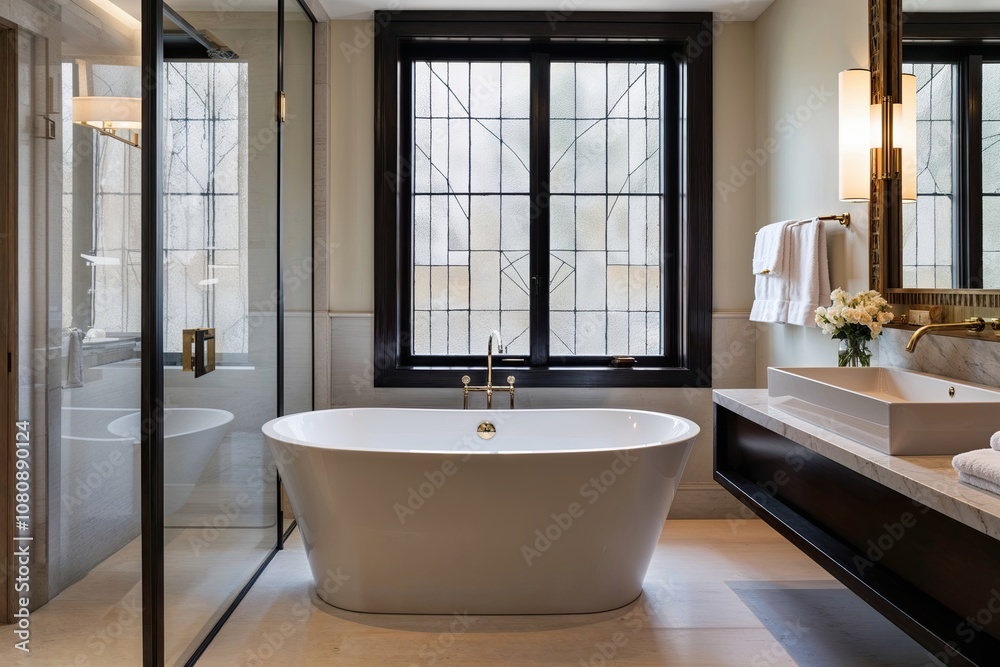 Chic Hotel Bathroom Interior with Designer Bathtub and Floor-to-Ceiling Window Chic Hotel Bathroom Interior with Designer Bathtub and Floor-to-Ceiling Window