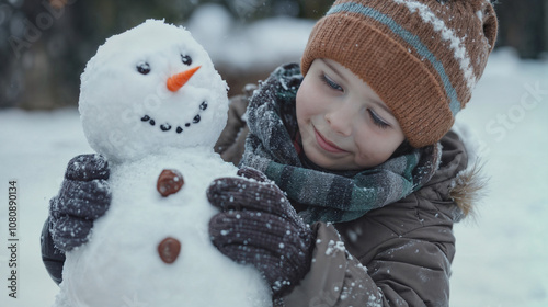 Boy wearing a winter hat and scarf is holding a snowman made of snow.  photo