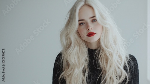 A Young Woman With Long Wavy Blonde Hair and Bold Red Lips Poses Confidently Against a Minimalist Background in Soft Natural Light