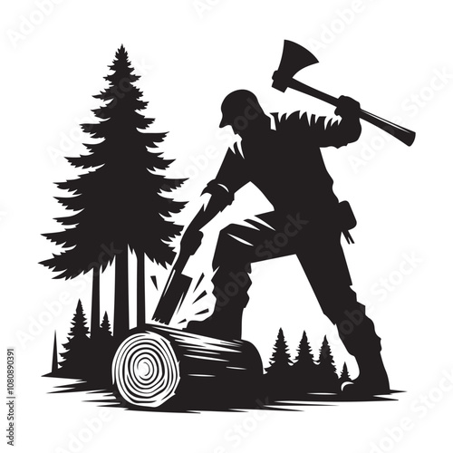 Lumberjack chopping wood silhouette vector art black color design and solid white background 