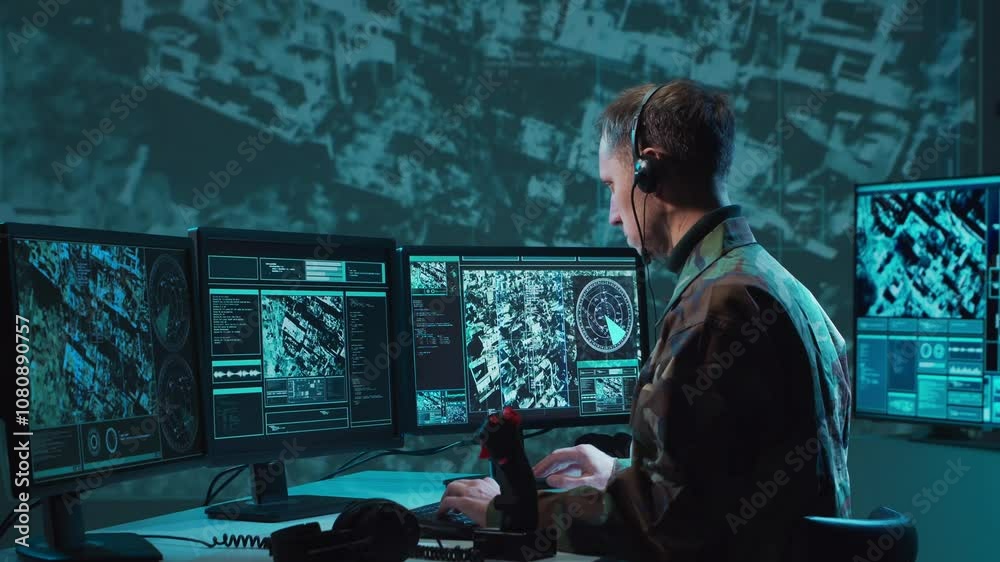 Military soldier operating advanced technology in a command center. Military soldier operating advanced technology in a command center.