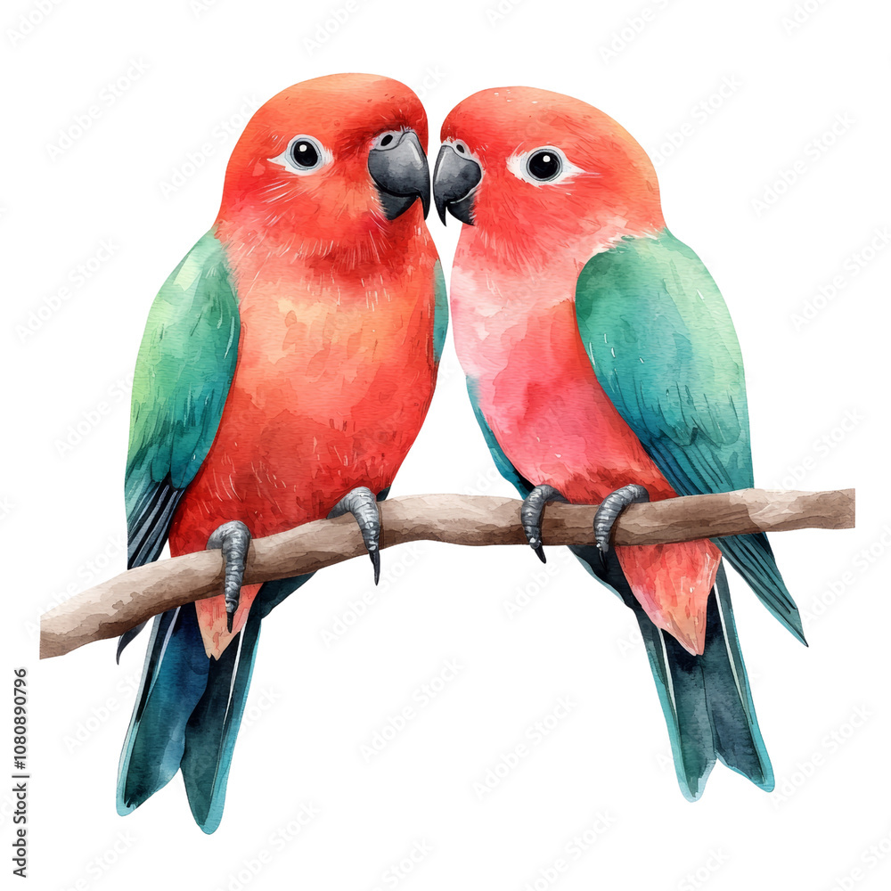 Obraz premium Two colorful parrots perched closely together on a branch, showcasing vibrant red and green plumage in a loving pose.