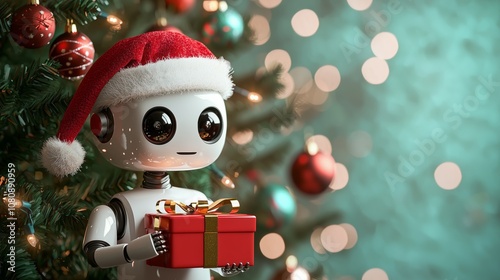 Cute Robot Christmas Gift Box Gold Ribbon Santa Hat