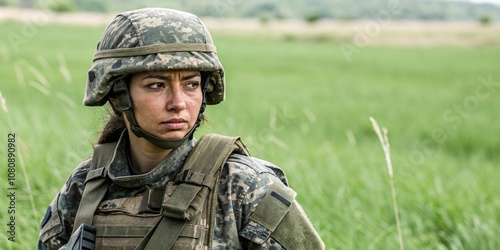 Battle-hardened female soldier with intense care, and full combat gear embodies resilience and strength in gritty setting. Concept - no stop war, battle, fight