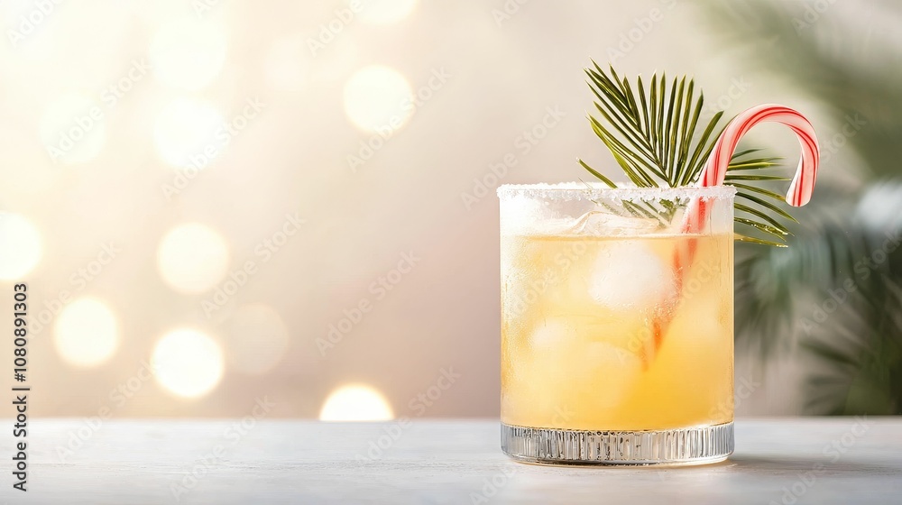 Christmas palm cocktails concept, A festive cocktail garnished with a candy cane and a sprig of greenery, set against a soft, blurred background. Christmas palm cocktails concept, A festive cocktail garnished with a candy cane and a sprig of greenery, set against a soft, blurred background.