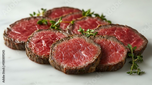 Wagyu steak cut in thick slices, vibrant color, isolated on white background