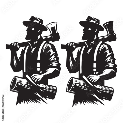 Lumberjack chopping wood silhouette vector art black color design and solid white background 