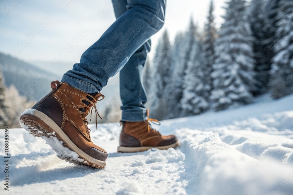 A person enjoys a winter hike, walking through the snow amidst tall trees. A person enjoys a winter hike, walking through the snow amidst tall trees.