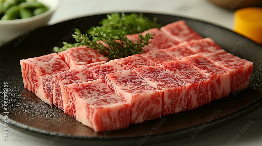 Premium Wagyu beef cut in thick slices, vibrant red color, isolated on white background Premium Wagyu beef cut in thick slices, vibrant red color, isolated on white background