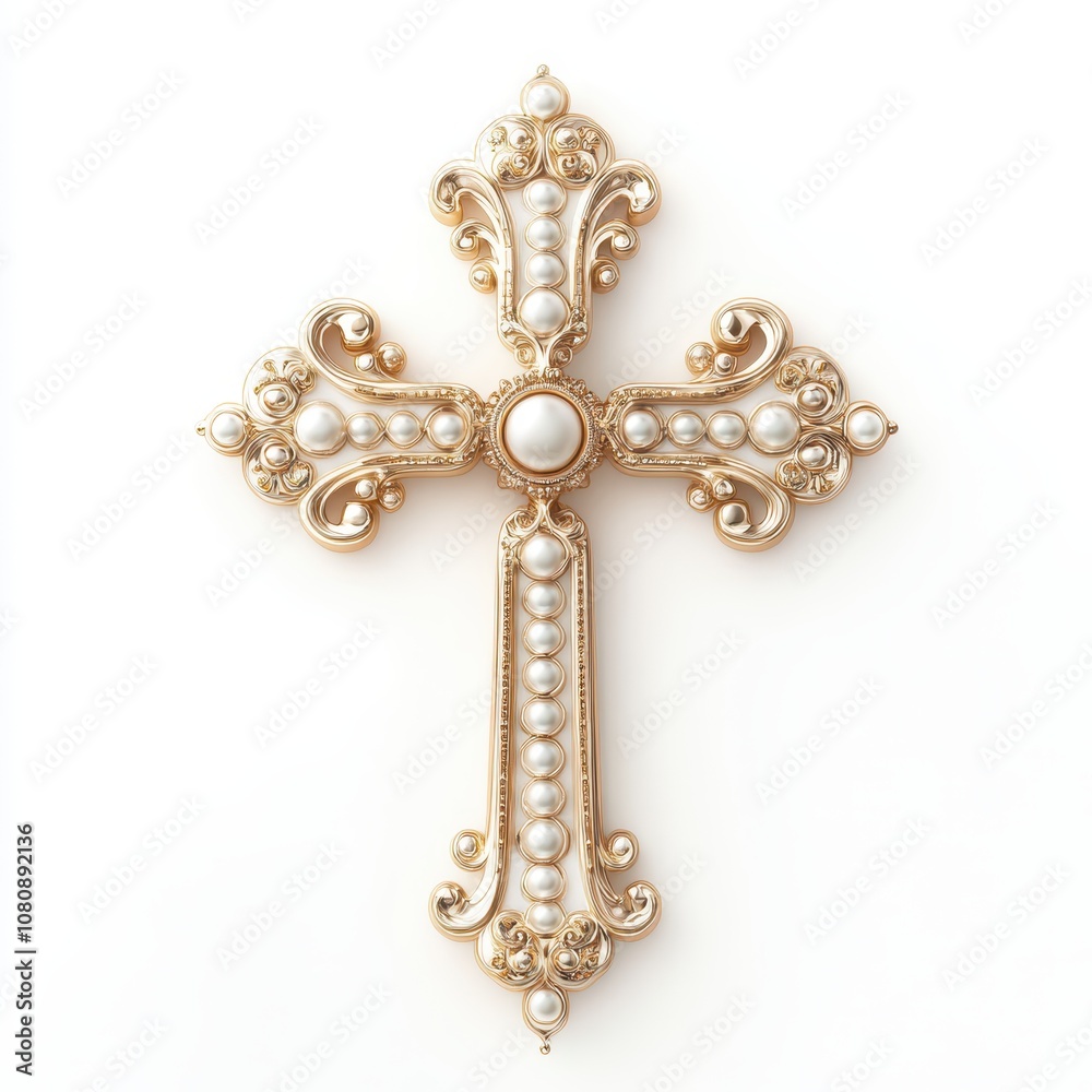 Pearl-accented cross, delicate and elegant with subtle shimmer, classic style, isolated on white background Pearl-accented cross, delicate and elegant with subtle shimmer, classic style, isolated on white background