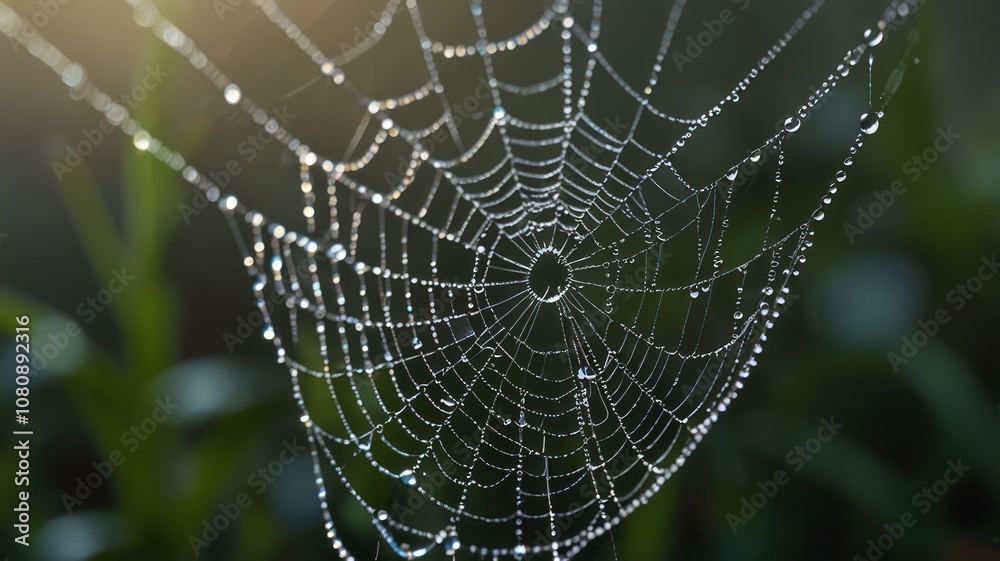 Naklejka premium Dew-covered spiderweb with a blurred green background.