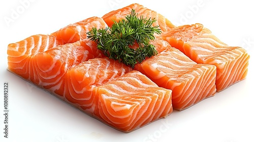 Salmon sashimi slice with wasabi garnish, isolated on white background