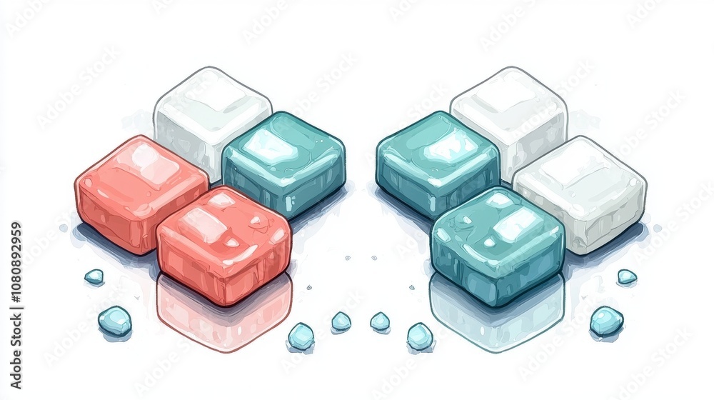 Colorful Ice Cubes in Shades of Red and Blue Perfect for Cool Drink Illustrations and Food Related Designs Featuring a Playful and Modern Aesthetic Colorful Ice Cubes in Shades of Red and Blue Perfect for Cool Drink Illustrations and Food Related Designs Featuring a Playful and Modern Aesthetic
