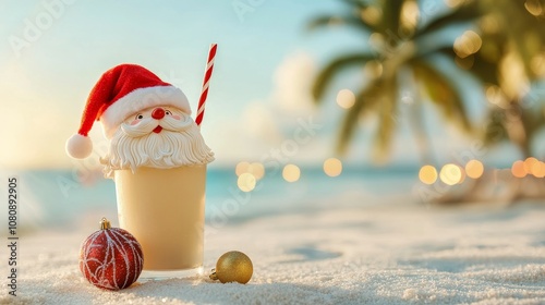 Christmas palm cocktails concept, A festive beach scene featuring a Santa-themed drink, complete with a straw and holiday decorations, set against a sunny, tropical background. photo