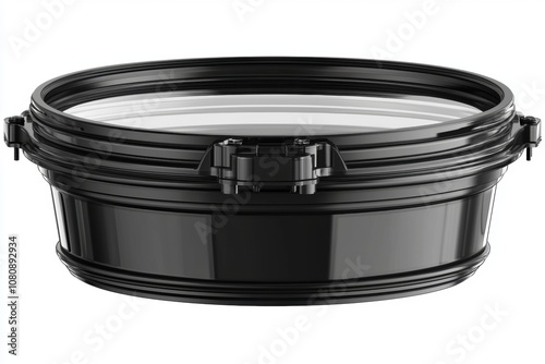 Black Round Container with Clear Lid for Storage, Organization, and Transport of Various Items in Home, Office, Kitchen, and Industrial Settings