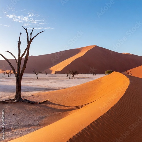 The Iconic Red Sand Dunes of Namibia’s Sossusvlei, With Its Vast, Endless Desert Landscape and Surreal Dead Vlei Trees, a Unique Natural Phenomenon in the African Wilderness photo