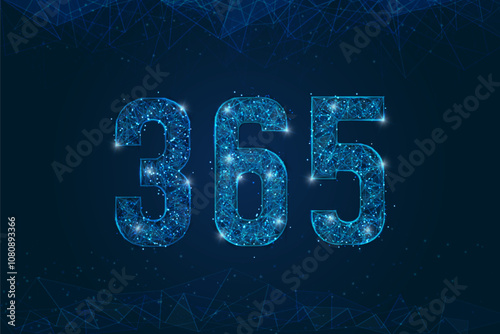 Abstract isolated blue image of 365 Logo. Polygonal low poly wireframe illustration looks like stars in the black night sky in space or flying glass shards.