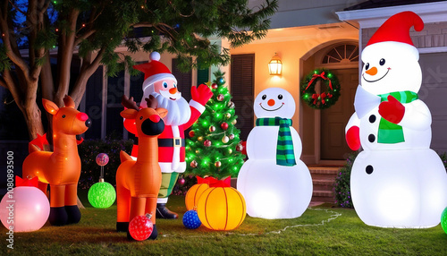 A charming front yard adorned with inflatable Christmas decorations, including snowmen, reindeer, and Santa, glowing warmly in the evening. The scene evokes holiday cheer and festive spirit.

