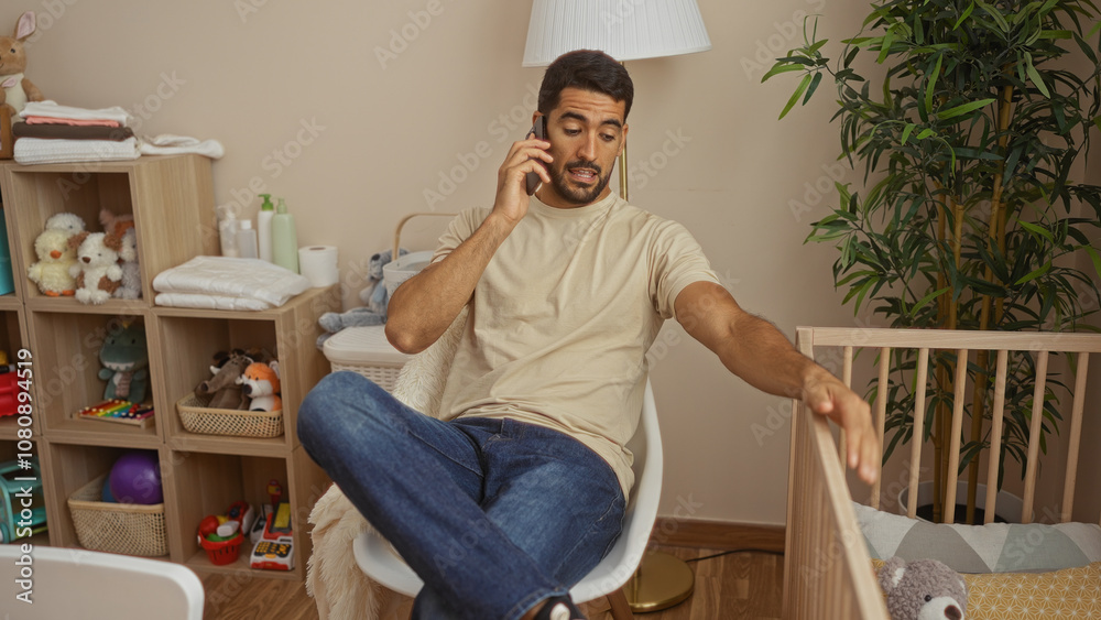Man sitting in a cozy bedroom talking on phone near baby cradle with toys around, showcasing a relaxed, modern atmosphere with plants and soft lighting in a home interior. Man sitting in a cozy bedroom talking on phone near baby cradle with toys around, showcasing a relaxed, modern atmosphere with plants and soft lighting in a home interior.