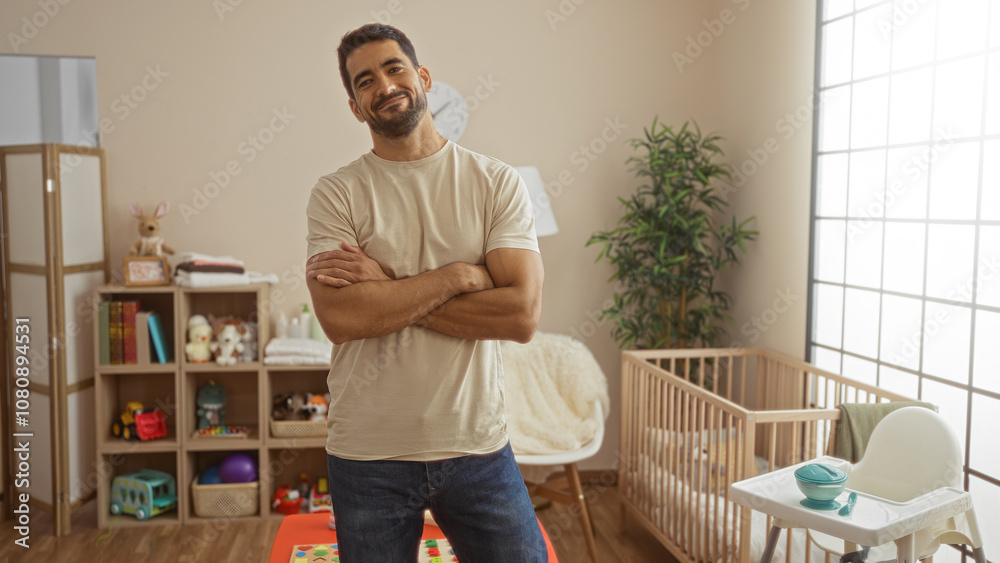 Handsome man standing confidently in a well-decorated baby's room with a cradle and playful decor, exuding warmth and style within a cozy home environment Handsome man standing confidently in a well-decorated baby's room with a cradle and playful decor, exuding warmth and style within a cozy home environment