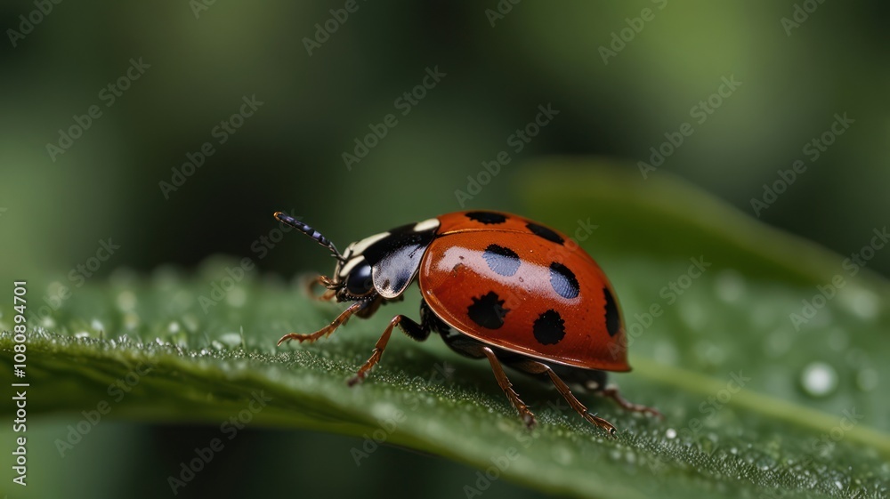 A ladybug with black spots on its red shell crawls on a green leaf. A ladybug with black spots on its red shell crawls on a green leaf.