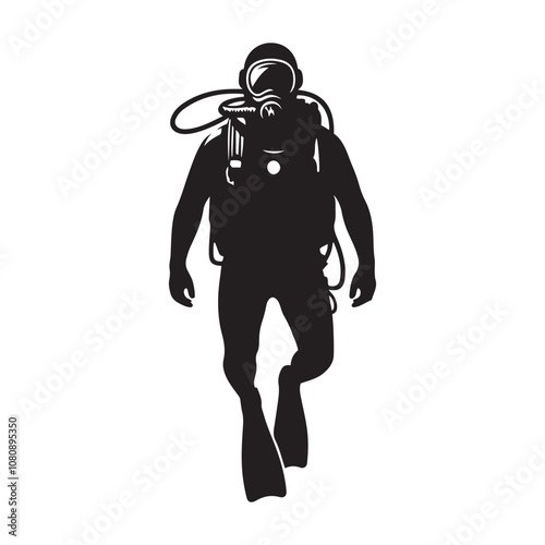 Person in scuba gear vector Silhouette art black color design and solid white background