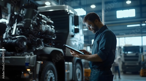 In a busy garage, a skilled mechanic uses a tablet to diagnose a diesel engine in an industrial truck