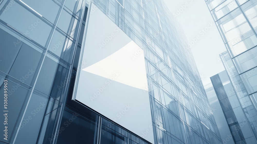 Obraz premium Blank billboard sign mockup on a sleek glass building with sky reflections