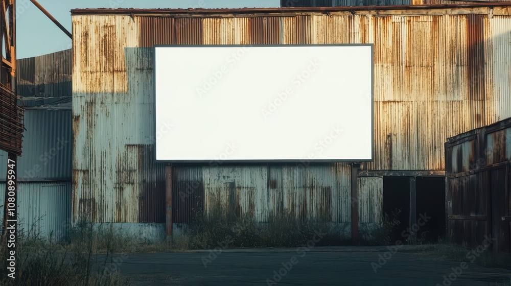 A blank billboard sign mockup on corrugated metal softly lit slight rust A blank billboard sign mockup on corrugated metal softly lit slight rust
