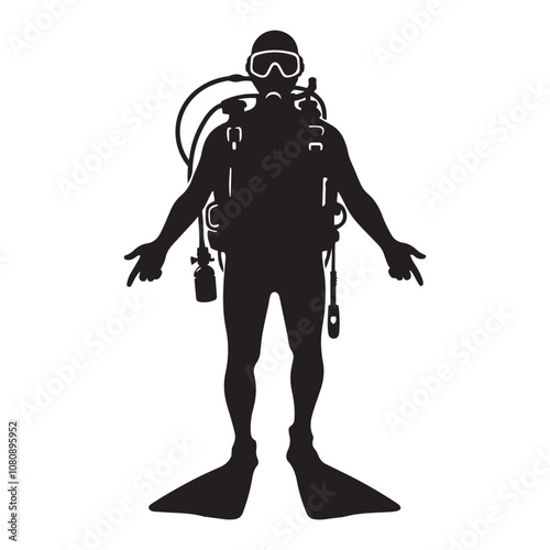 Person in scuba gear vector Silhouette art black color design and solid white background