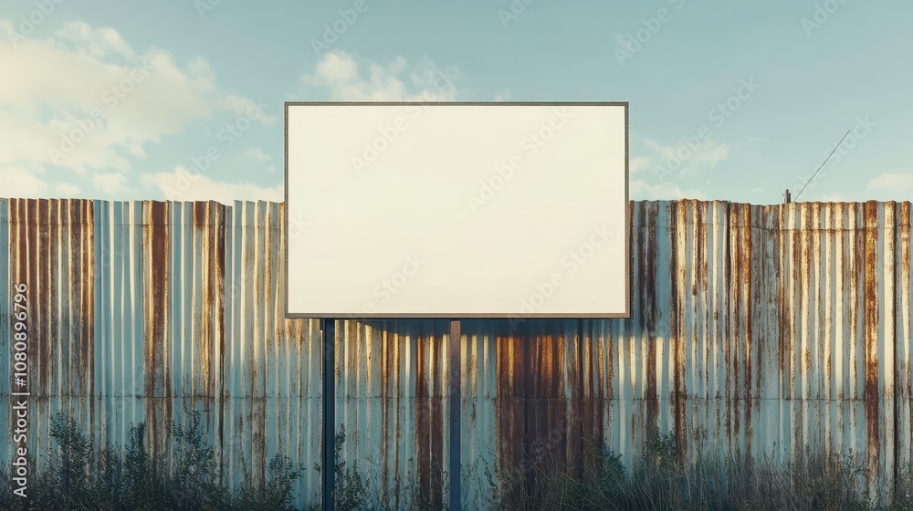 Obraz premium A vertical blank billboard sign mockup on rusty metal lit softly bolts show