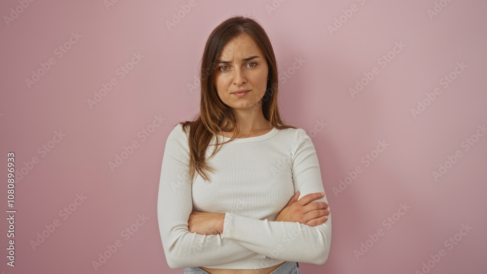A young, beautiful, blonde, caucasian woman in a white top poses confidently with crossed arms against an isolated pink background. A young, beautiful, blonde, caucasian woman in a white top poses confidently with crossed arms against an isolated pink background.