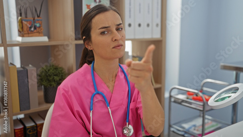 A young, attractive female doctor in a pink uniform and stethoscope points angrily at the camera indoors at a clinic or hospital room.