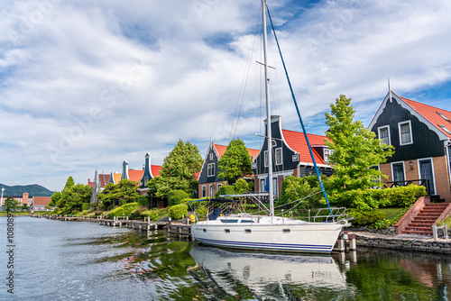 Dutch theme architecture landscape along canal cruising in Huis Ten Bosch Theme Park,Sasebo, Japan