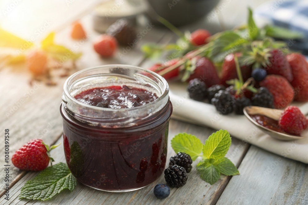 A jar of homemade berry jam sits surrounded by fresh berries and mint leaves on a table. A jar of homemade berry jam sits surrounded by fresh berries and mint leaves on a table.